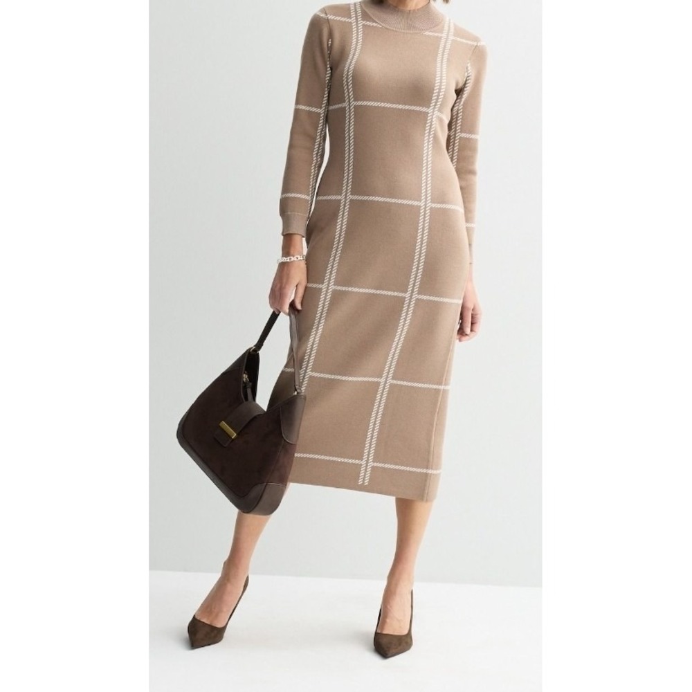 Sandra Darren Women Brown Windowpane Check Midi Sweater Dress XL 96791a